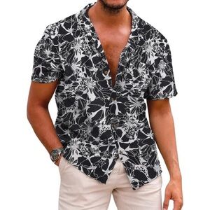 Men's Black White Hawaiian Shirt Cotton Linen Button Down Tropical Beach Shirt